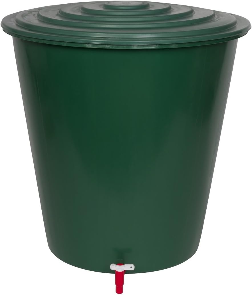 Grüne Regentonne 210 Liter mit Deckel am Haus